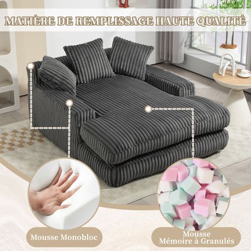 Méridienne 2 Places en Velours Côtelé Gris – Double Couche et Assise Ultra Basse - 125x155x63cm