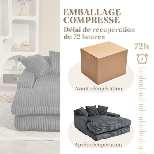 Méridienne 2 Places en Velours Côtelé Gris – Double Couche et Assise Ultra Basse - 125x155x63cm