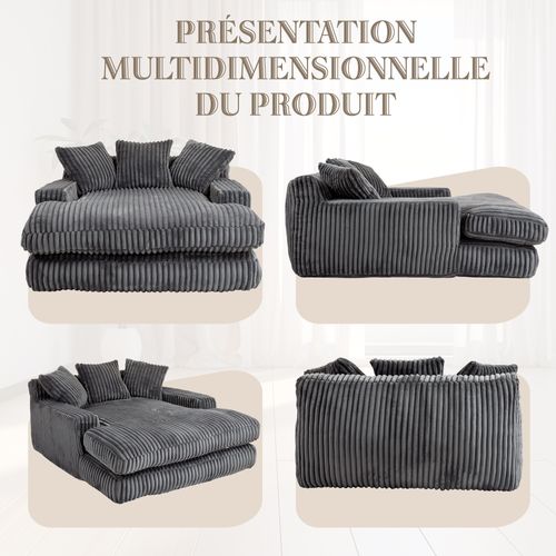 Méridienne 2 Places en Velours Côtelé Gris – Double Couche et Assise Ultra Basse - 125x155x63cm