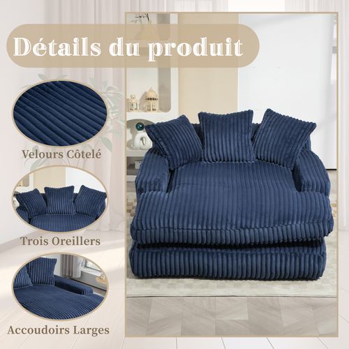 Méridienne 2 Places Velours Côtelé Bleu - Double Assise Rembourrée - Style Rétro Et Accueillant