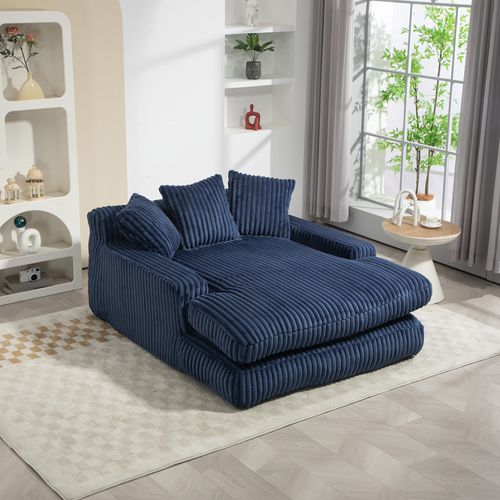 Méridienne 2 Places Velours Côtelé Bleu - Double Assise Rembourrée - Style Rétro Et Accueillant