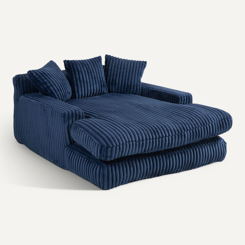 Méridienne 2 Places Velours Côtelé Bleu - Double Assise Rembourrée - Style Rétro Et Accueillant