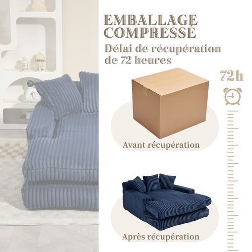 Méridienne 2 Places Velours Côtelé Bleu - Double Assise Rembourrée - Style Rétro Et Accueillant