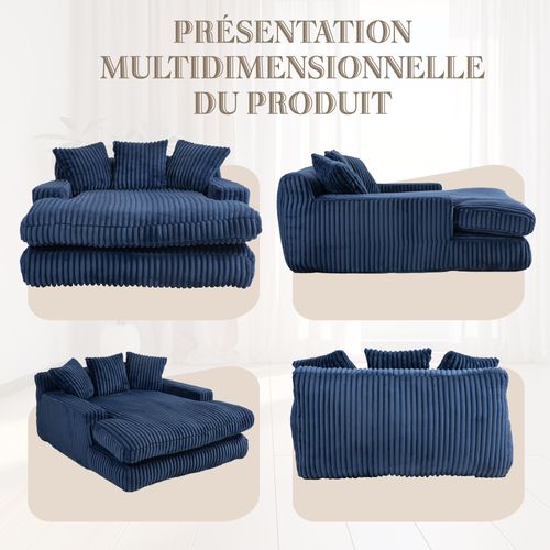 Méridienne 2 Places Velours Côtelé Bleu - Double Assise Rembourrée - Style Rétro Et Accueillant