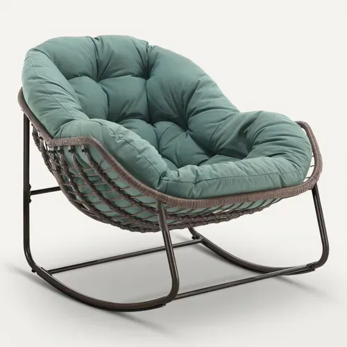 Cocon - Fauteuil à Bascule En Rotin Naturel - Forme Oeuf Et Coussin Vert