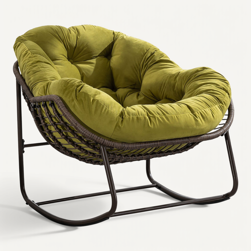 Fauteuil à Bascule En Rotin Naturel, Forme Oeuf Avec Coussin Vert Olive – Cocon