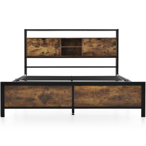 Lit Adulte 2 Places 140 X 200 Cm Avec Tête De Lit De Rangement, Métal + Mdf, Noir