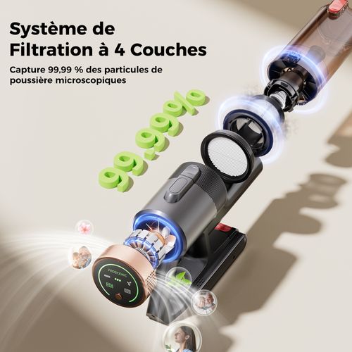 PO11 U Aspirateur Balai sans Fil - 50KPA - 500W - Aspirateur sans Fil Puissant - Design Autoportant