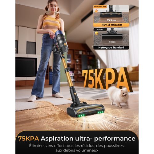 PO15 - Aspirateur Balai sans Fil Puissant - Auto-Portant - 70Min/75KPa - Greeneye Technologie