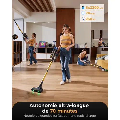 PO15 - Aspirateur Balai sans Fil Puissant - Auto-Portant - 70Min/75KPa - Greeneye Technologie
