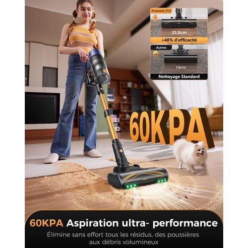 Aspirateur Balai Sans Fil P015 - 60kpa - Autonomie 70min - Technologie Greeneye™ - Tige Télescopique