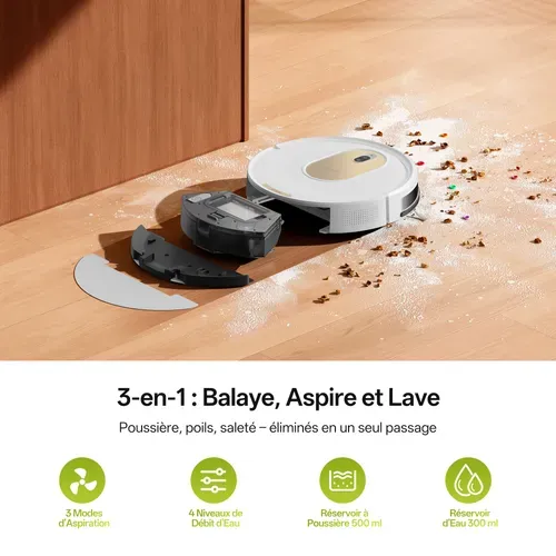 Cleanova W8, Robot Aspirateur Laveur, 5000 Pa, ultra-fin,anti-enchevêtrement, blanc