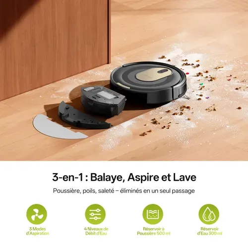 Cleanova W8 robot Aspirateur Laveur, 5000 Pa, ultra-fin, anti-enchevêtrement, noir