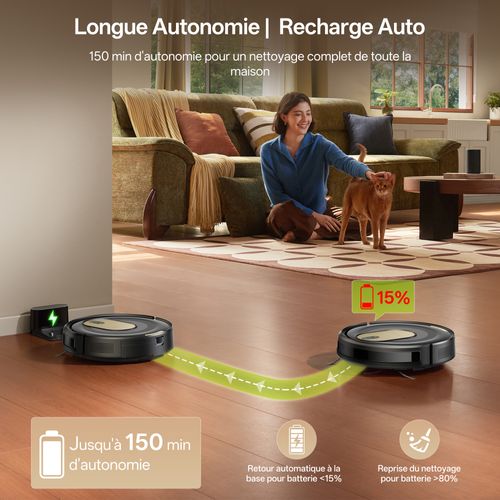 Cleanova W8 robot Aspirateur Laveur, 5000 Pa, ultra-fin, anti-enchevêtrement, noir