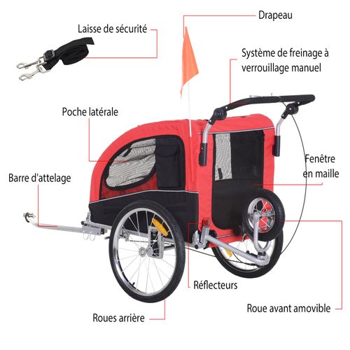 FIHERO Remorque à vélo et poussette pour enfants 2-en-1 Rouge et noir1