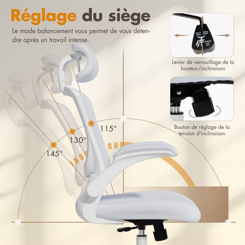 Chaise De Bureau Ergonomique, Dossier Haut En Mesh, Soutien Lombaire Et Appuie-tête Réglables, Blanc