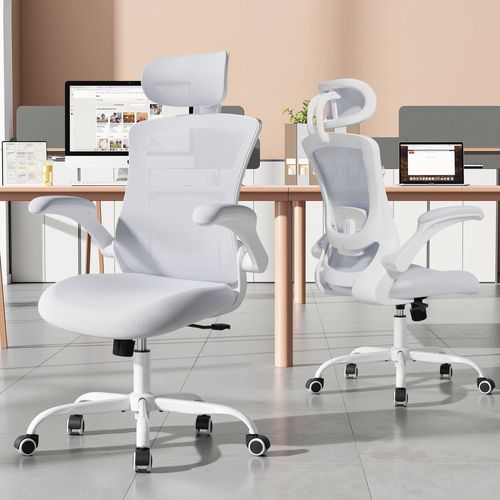 Chaise De Bureau Ergonomique, Dossier Haut En Mesh, Soutien Lombaire Et Appuie-tête Réglables, Blanc