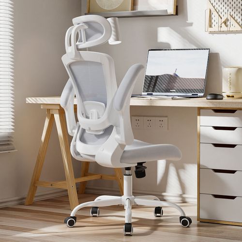 Chaise De Bureau Ergonomique, Dossier Haut En Mesh, Soutien Lombaire Et Appuie-tête Réglables, Blanc