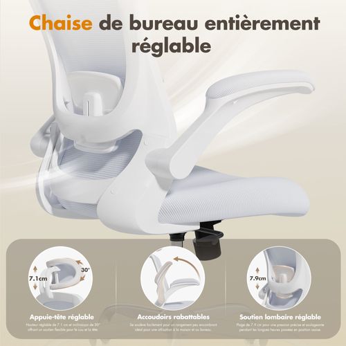 Chaise De Bureau Ergonomique, Dossier Haut En Mesh, Soutien Lombaire Et Appuie-tête Réglables, Blanc