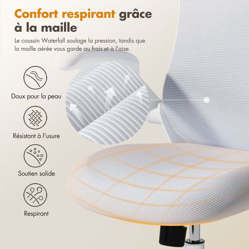 Chaise De Bureau Ergonomique, Dossier Haut En Mesh, Soutien Lombaire Et Appuie-tête Réglables, Blanc