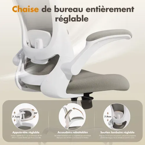 Chaise De Bureau Ergonomique, Dossier Haut En Mesh, Soutien Lombaire Et Appuie-tête Réglables, Kaki