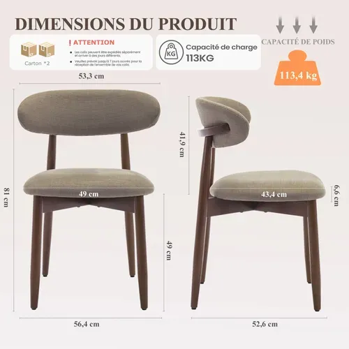 Lot De 2 Chaises De Salle à Manger, Assise En Mousse Haute Densité, Dossier Ergonomique, Marron