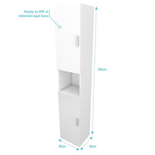 Meuble Colonne Pour Salle De Bains 35x30x182 Cm - Blanc Laqué - Thrifty 35