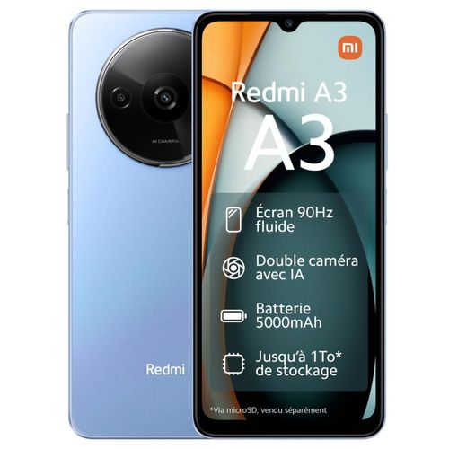 Smartphone Xiaomi Redmi A3 64Go 3Go RAM - Écran 6.71, Android 14, Double SIM 4G, Couleur Blanc, Neuf Sous Blister