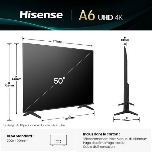 Téléviseur Uhd 4k 50'' 126cm Hisense 50a6q Noir