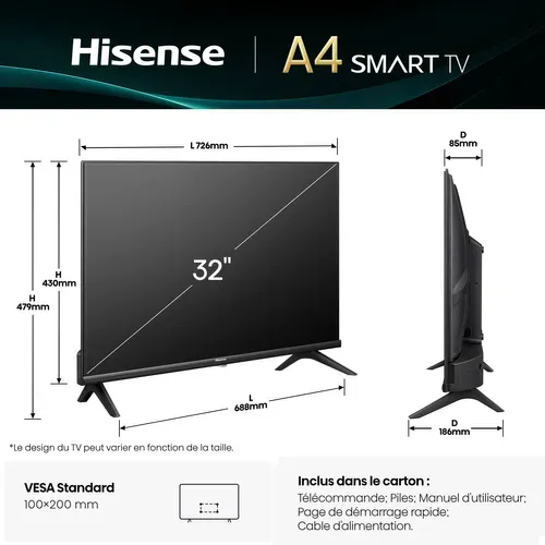 Téléviseur HD 32'' 80cm HISENSE 32A4Q Noir