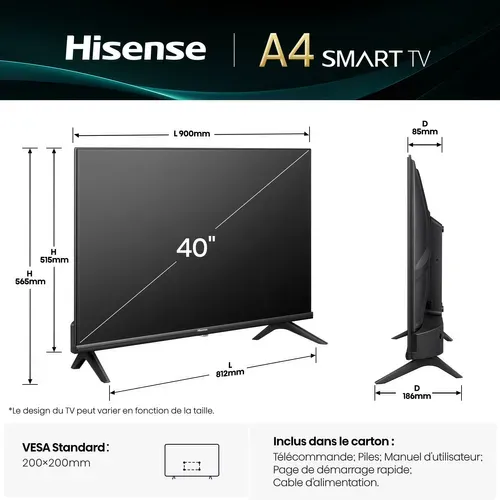 Téléviseur Full HD 40'' 100cm HISENSE 40A4Q Noir
