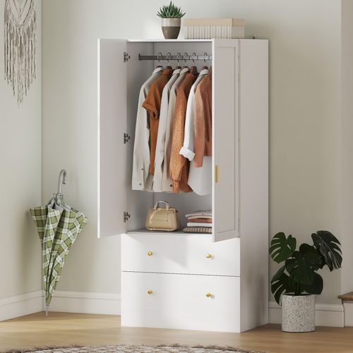 Armoire Chambre Penderie Avec Miroir, 2 Portes, 2 Tiroirs Barre De Suspension, 80x50x180cm, Blanc