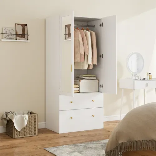 Armoire Chambre Penderie Avec Miroir, 2 Portes, 2 Tiroirs Barre De Suspension, 80x50x180cm, Blanc