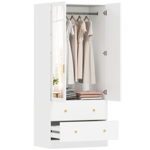 Armoire Chambre Penderie Avec Miroir, 2 Portes, 2 Tiroirs Barre De Suspension, 80x50x180cm, Blanc