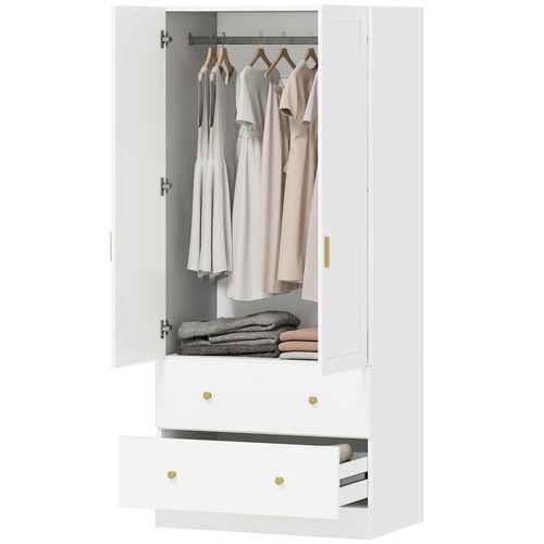 Armoire Chambre Penderie Avec Miroir, 2 Portes, 2 Tiroirs Barre De Suspension, 80x50x180cm, Blanc