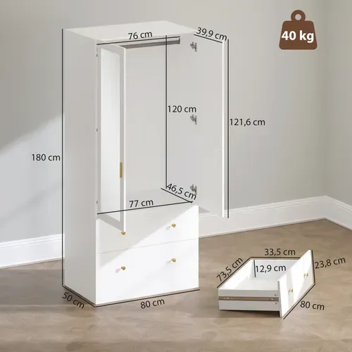 Armoire Chambre Penderie Avec Miroir, 2 Portes, 2 Tiroirs Barre De Suspension, 80x50x180cm, Blanc