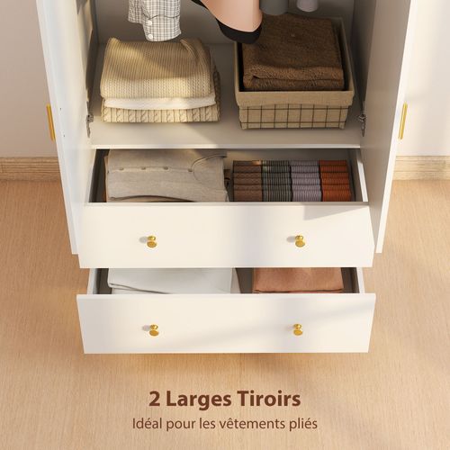 Armoire Chambre Penderie Avec Miroir, 2 Portes, 2 Tiroirs Barre De Suspension, 80x50x180cm, Blanc