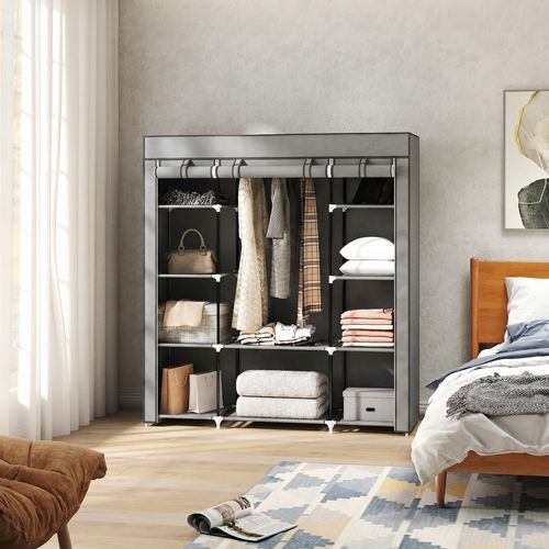 Armoire De Rangement Penderie Tissu Pliable Avec Barre De Suspension, 150x43x162,5cm, Gris Clair