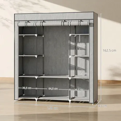Armoire De Rangement Penderie Tissu Pliable Avec Barre De Suspension, 150x43x162,5cm, Gris Clair