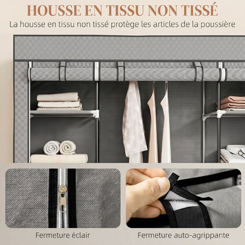 Armoire De Rangement Penderie Tissu Pliable Avec Barre De Suspension, 150x43x162,5cm, Gris Clair