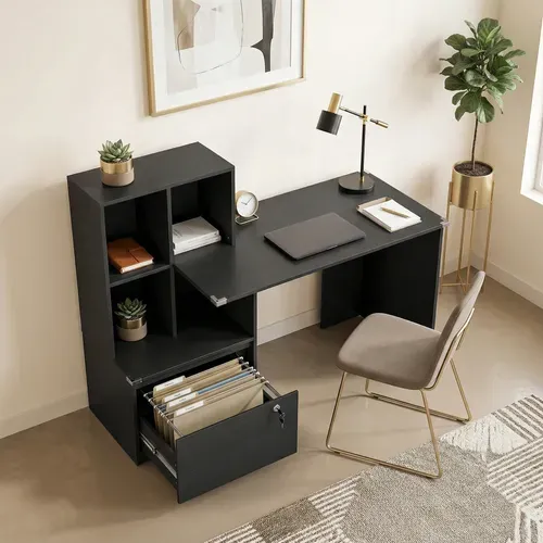 Bureau D'ordinateur Avec Bibliothèque 4 Compartiments Et Tiroir Verrouillable, 126x50x109cm, Noir