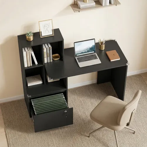Bureau D'ordinateur Avec Bibliothèque 4 Compartiments Et Tiroir Verrouillable, 126x50x109cm, Noir