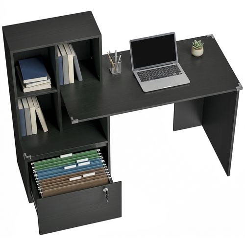 Bureau D'ordinateur Avec Bibliothèque 4 Compartiments Et Tiroir Verrouillable, 126x50x109cm, Noir