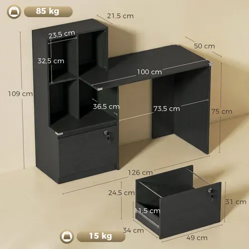 Bureau D'ordinateur Avec Bibliothèque 4 Compartiments Et Tiroir Verrouillable, 126x50x109cm, Noir