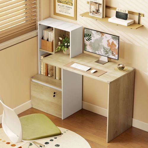 Bureau D'ordinateur Avec Bibliothèque Et Tiroir Verrouillable, 126x50x109cm, Chêne Et Blanc