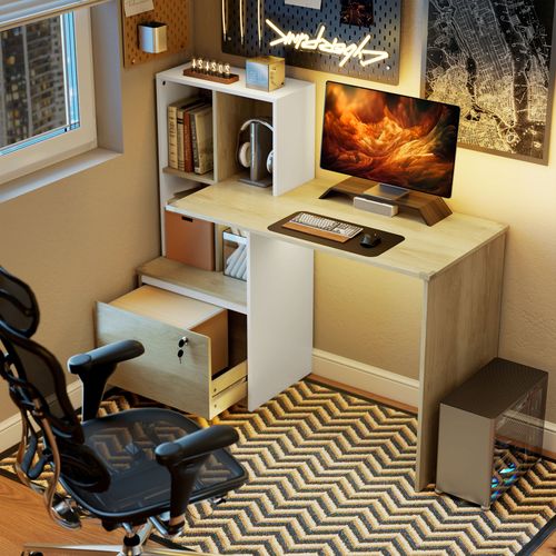 Bureau D'ordinateur Avec Bibliothèque Et Tiroir Verrouillable, 126x50x109cm, Chêne Et Blanc