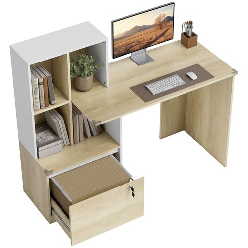 Bureau D'ordinateur Avec Bibliothèque Et Tiroir Verrouillable, 126x50x109cm, Chêne Et Blanc