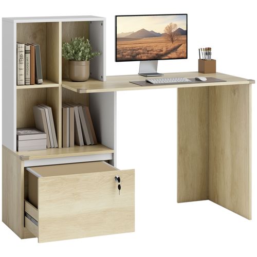 Bureau D'ordinateur Avec Bibliothèque Et Tiroir Verrouillable, 126x50x109cm, Chêne Et Blanc
