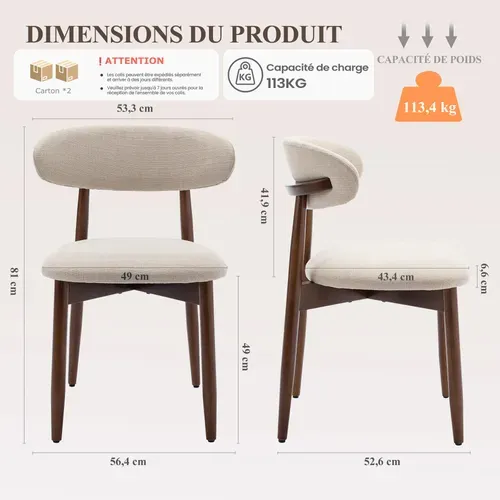 Lot De 2 Chaises De Salle à Manger, Assise En Mousse Haute Densité, Dossier Ergonomique, Beige
