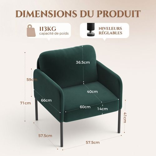 Fauteuil Fixe En Tissu Avec Pieds En Métal Fin, Vert